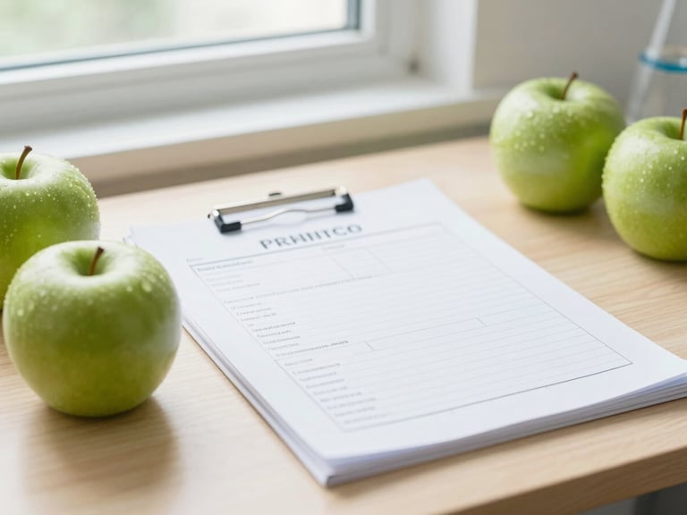 A clean laboratory report on a wooden desk next to fresh green apples, soft window light