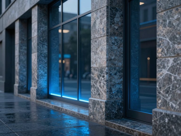 Extreme detail crop of a 3D rendered building facade — photorealistic stone and glass composite, cold blue neon light bleeding onto dark wet concrete below, subsurface scattering visible on marble pillar edge, final composite frame with no visible CG seams, cinematic depth of field
