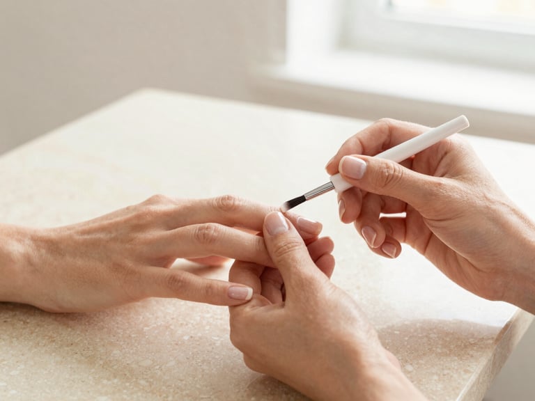 Bright editorial photo of a clean nail station, hands detailing manicured nails with a fine brush, warm travertine background