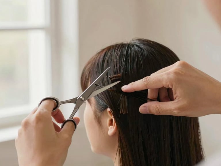 Close-up of hands using professional shears to perform a precision hair cut on a model, bright natural light, warm neutral background.
