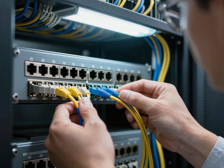 Technical close-up of a network patch panel and structured cabling in a server room, hands terminating a fiber cable under cool fluorescent light, precise cable management visible in the background, engineer's eye framing