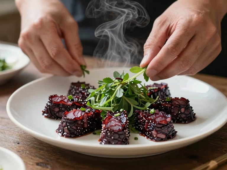 Artisanal plate with beautifully arranged food, steam rising, hands adjusting a herb garnish in the background