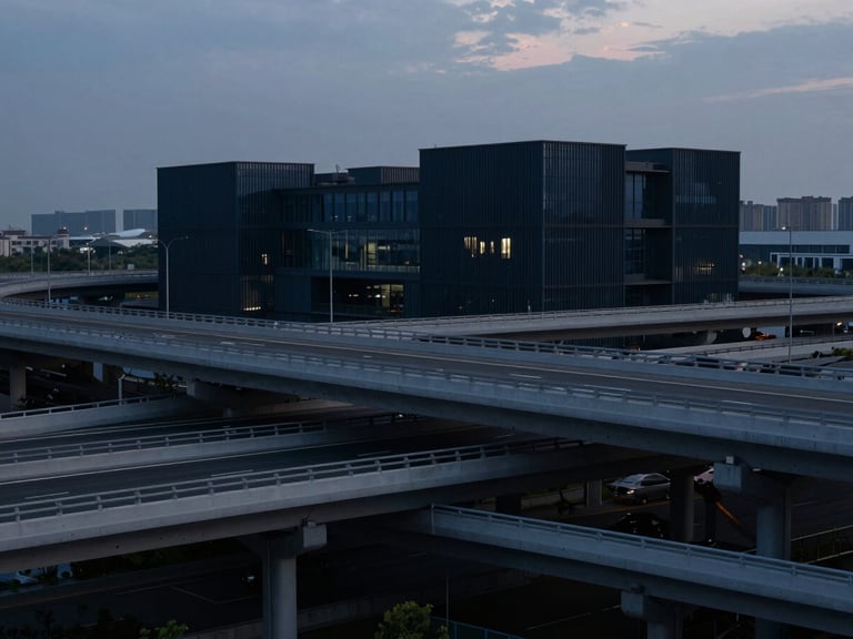 Modern multi-lane highway interchange at dusk, showing complex transport infrastructure, cinematic lighting, deep navy and steel tones, architectural.