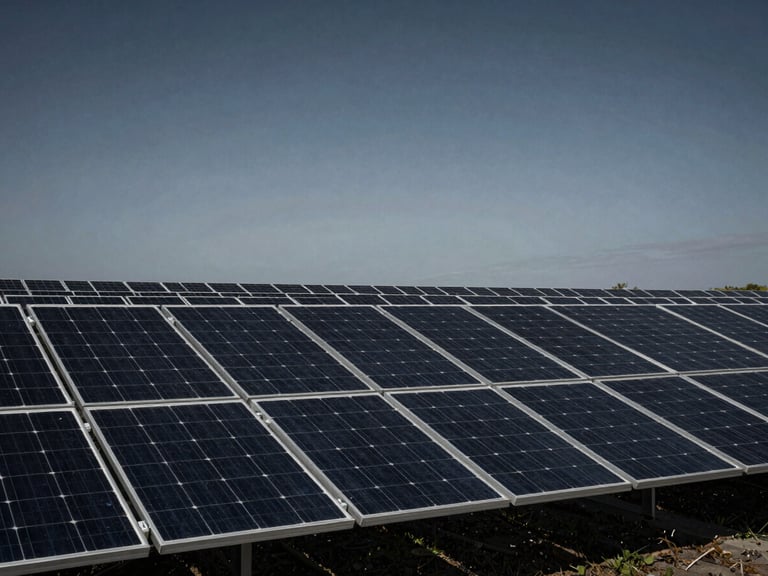 Utility-scale solar panel array stretching to the horizon under a clear sky, architectural framing, deep navy and steel tones, dramatic overcast daylight.