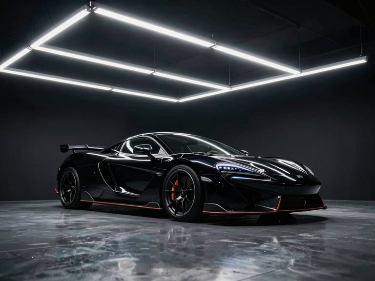 Low-angle wide shot of a black supercar parked under sharp overhead neon-white LED light bars in a sterile, dark reflective studio, high-contrast automotive photography, 50mm