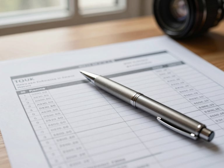 Macro shot of physical financial planning documents, a sleek metal pen, and a calculated risk spreadsheet on a wooden desk with soft window daylight.