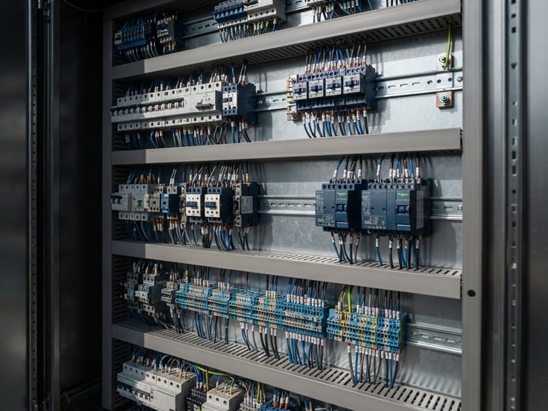 Close-up of a modern industrial electrical panel with sharp metallic lines, high-contrast daylight, crisp architectural shadows, blue and metallic tones, professional engineering aesthetic.