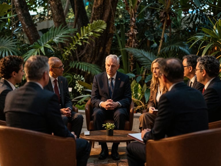 Diplomats in deep consultation during a bilateral summit, soft low-contrast indoor lighting, rich forest green and warm ochre tones.