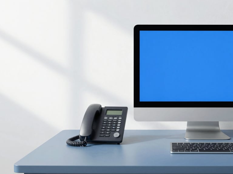 Minimalist clean corporate workspace with a modern telephone and a sleek computer screen, bright natural daylight, slate blue tones, 35mm lens