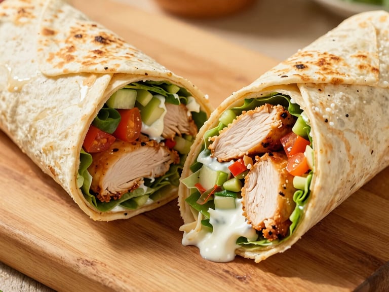 Close-up of a perfectly cooked chicken shawarma wrap, with golden-brown chicken, fresh vegetables, and creamy white sauce, sliced in half on a wooden board, warm natural light.