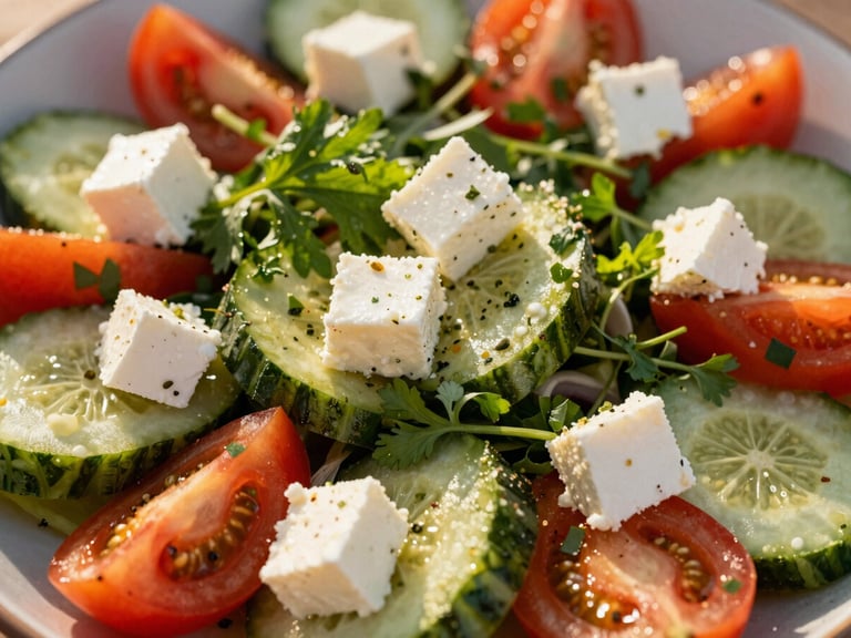 Overhead shot of a colorful, vibrant Mediterranean salad with fresh vegetables, herbs, and feta cheese, shallow depth of field, bright daylight.