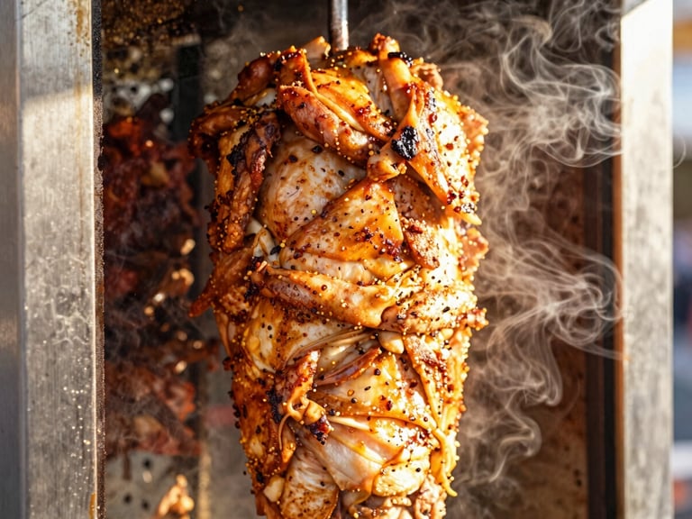 Close-up of a vertical shawarma spit, chicken roasting, with visible spices and crisp edges, steam rising, warm natural light.
