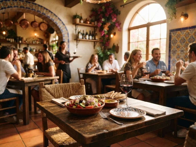 Warm, inviting interior of a Mediterranean restaurant, sun-drenched, with wooden tables and vibrant tile accents, natural golden-hour light, shallow depth of field, 35mm