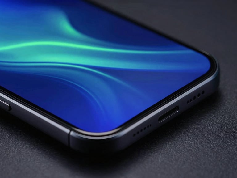 Close-up of a high-performance mobile screen displaying fluid motion-blur graphics, vibrant electric blue accents, dark ambient background, macro focus