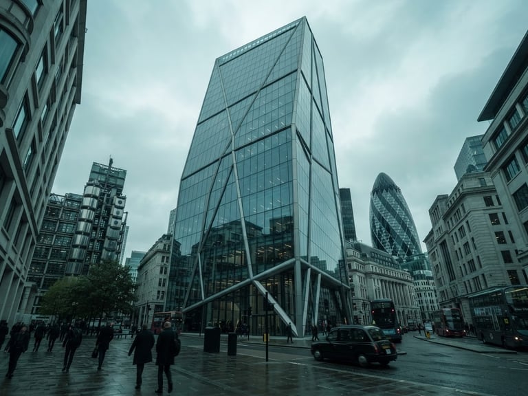Wide environmental architectural shot of a modern glass commercial building in London under overcast cool British daylight, desaturated teal tones, sharp focus