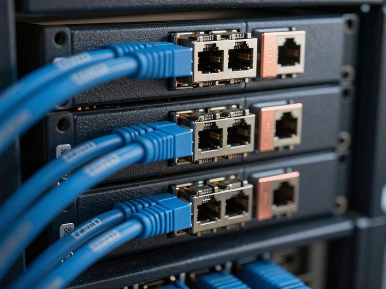 Macro shot of neatly organized server rack with pristine blue Cat6 ethernet cabling, sharp focus on RJ45 connectors, industrial copper accents, dark technical photography, 35mm
