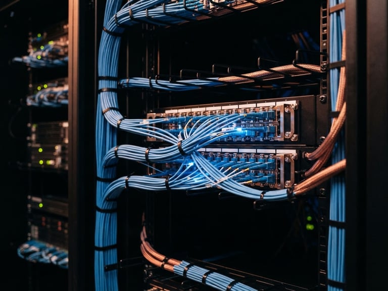 Macro shot of organized blue fiber optic connections in a dark server rack, copper accent lighting, sharp focus, 35mm