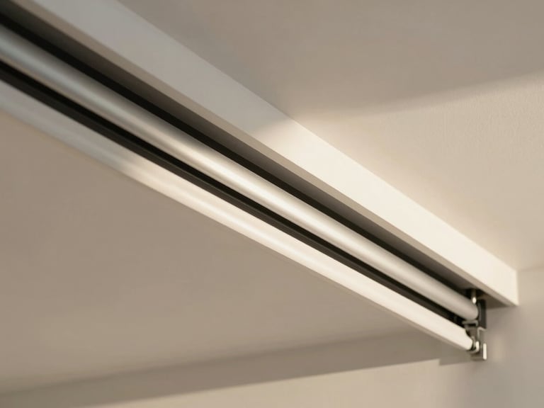 Close-up of a modern white ceiling-mounted sliding curtain track system with metal rollers.
