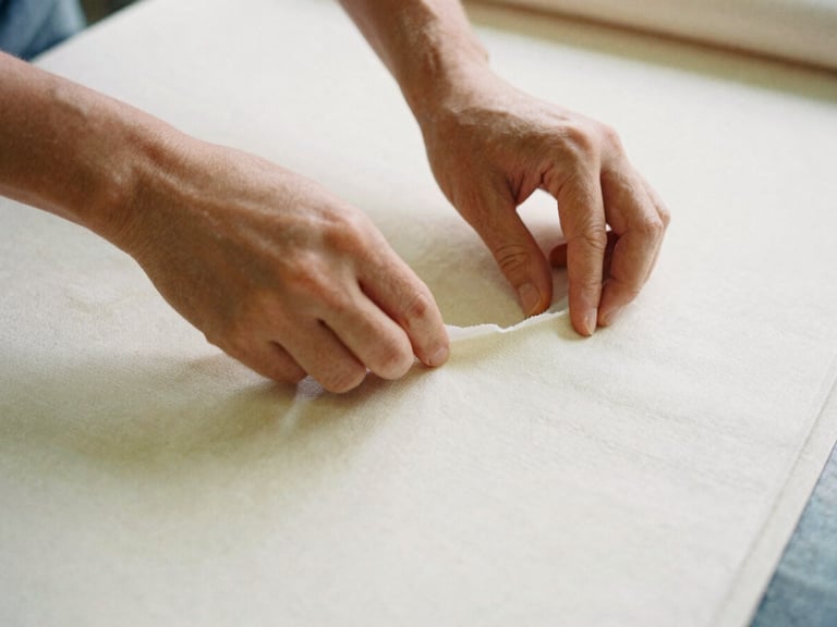 Hands inspecting a sample product (e.g., fabric roll or small component) on a factory floor, focused on texture and quality, soft shadows, 35mm film aesthetic.