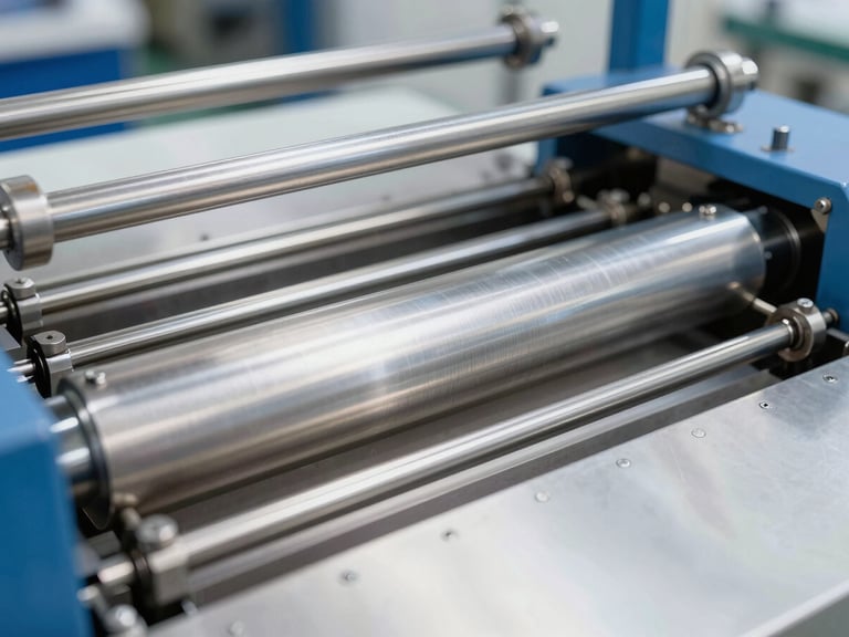 Sharp industrial photography of a stainless steel thermoforming station, bright clean lighting, metallic steel tones, high detail macro, 50mm
