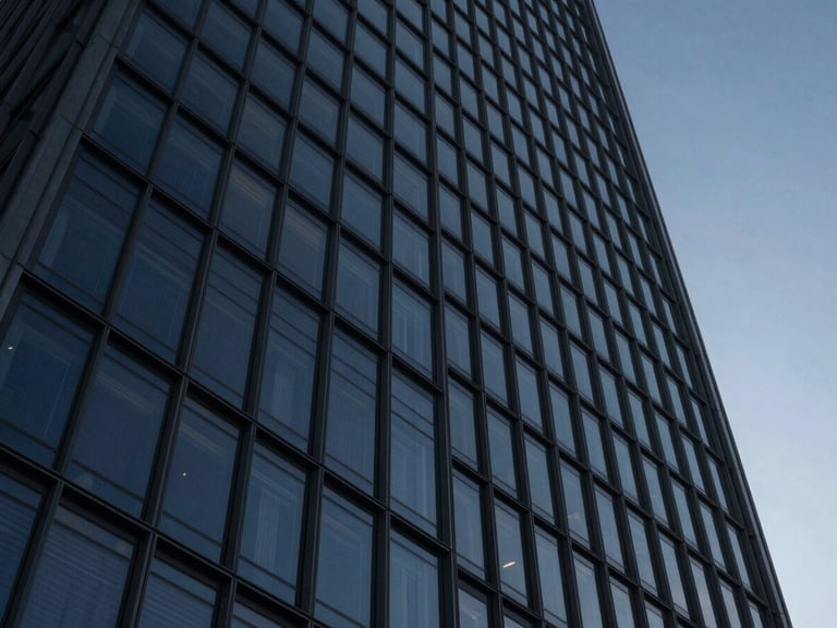Abstract architectural geometry of a modern steel and glass skyscraper looking up, cool low-key twilight lighting, deep navy and slate tones, sharp focus, 35mm