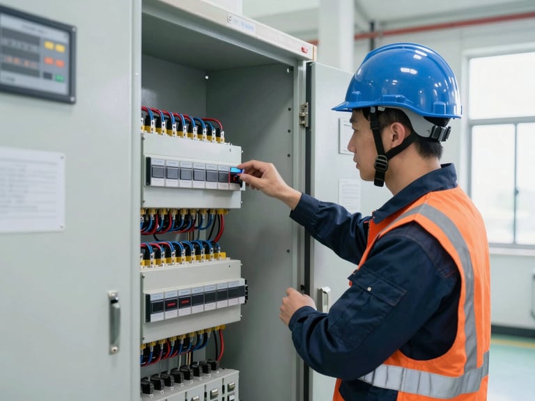 Medium shot of a certified engineer in clean safety PPE and helmet, inspecting a highly organized industrial electrical control panel with precise wiring, crisp daylight, 35mm