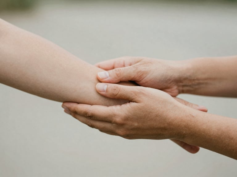 Close-up of hands gently guiding a stretch, showing controlled movement, soft natural daylight, earthy muted tones, shallow depth of field, 35mm