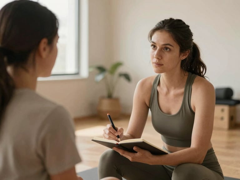 Female personal trainer actively listening and taking notes during a consultation with a client, warm natural light, inviting studio space in the background, earthy muted tones, 35mm