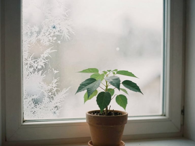 A potted plant sitting near a frost-patterned window, soft diffused winter light, cozy editorial atmosphere
