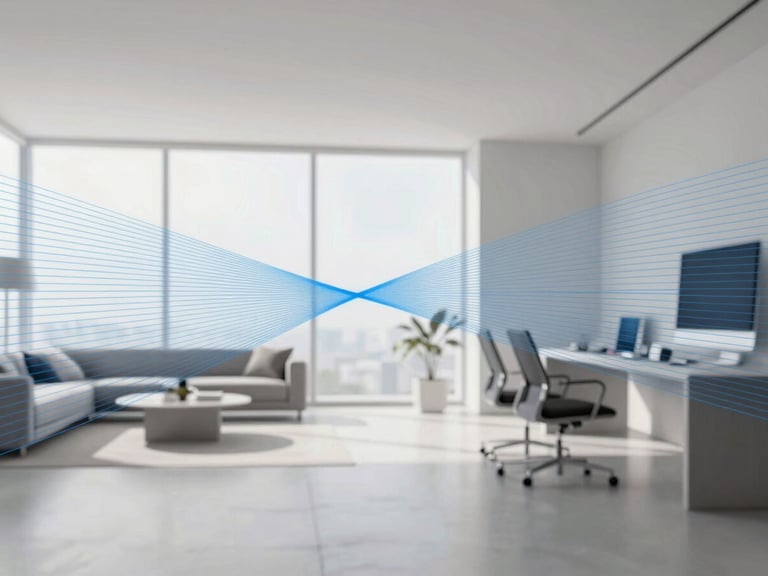 Diagrammatic representation of clean airflow within a modern open-plan living space, subtle blue lines, bright indirect daylight, cool desaturated tones, sharp focus.
