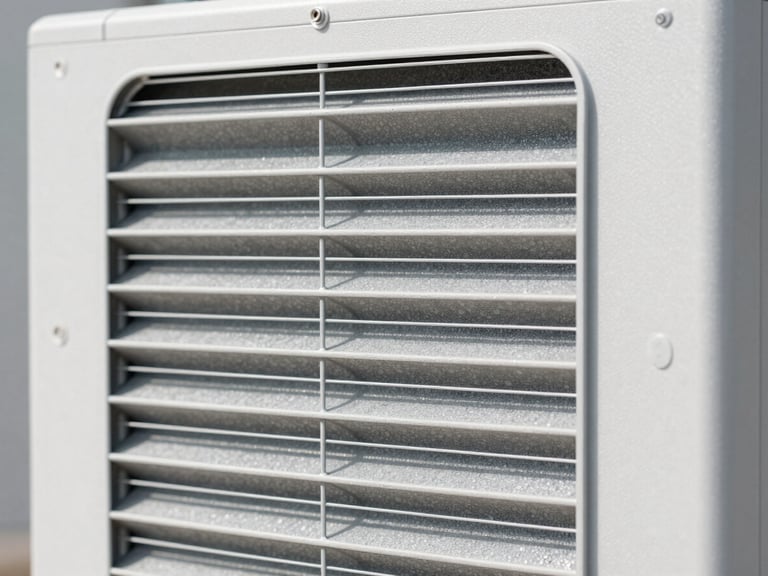 Close-up of a sound-dampening material within a modern HVAC unit, clean technical aesthetic, bright indirect daylight, cool desaturated tones, sharp focus.