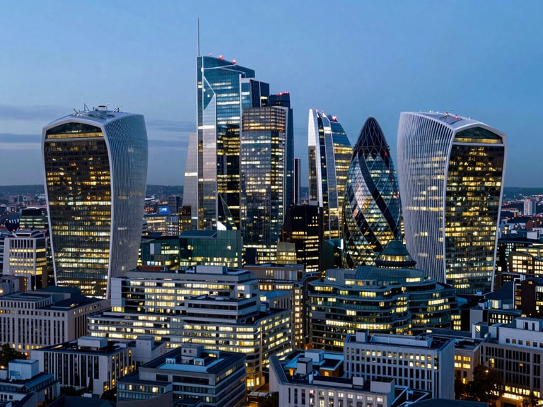 High-altitude aerial view of the London financial district at twilight, sharp architectural lines of skyscrapers, cool blue tones contrasted with warm golden office lights.