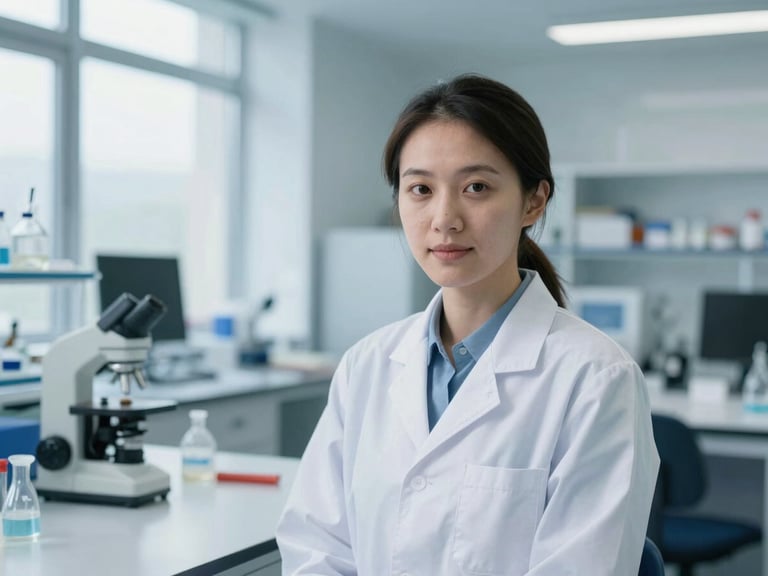 Environmental portrait of a female engineer in a clean modern UK laboratory setting, soft window light, shallow depth of field, cool blue tones