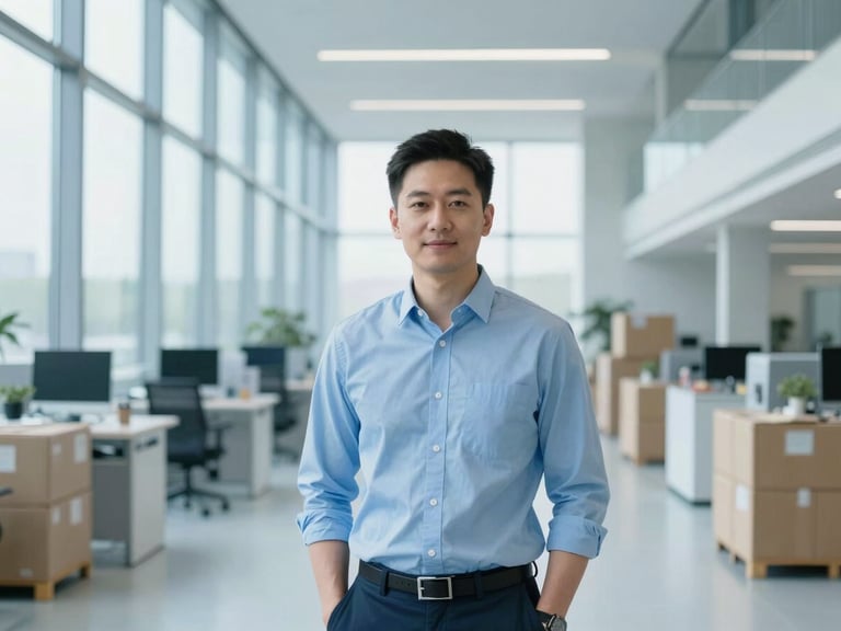 Environmental portrait of a logistics manager in a modern, brightly lit UK distribution hub, clean architectural lines, cool blue tones