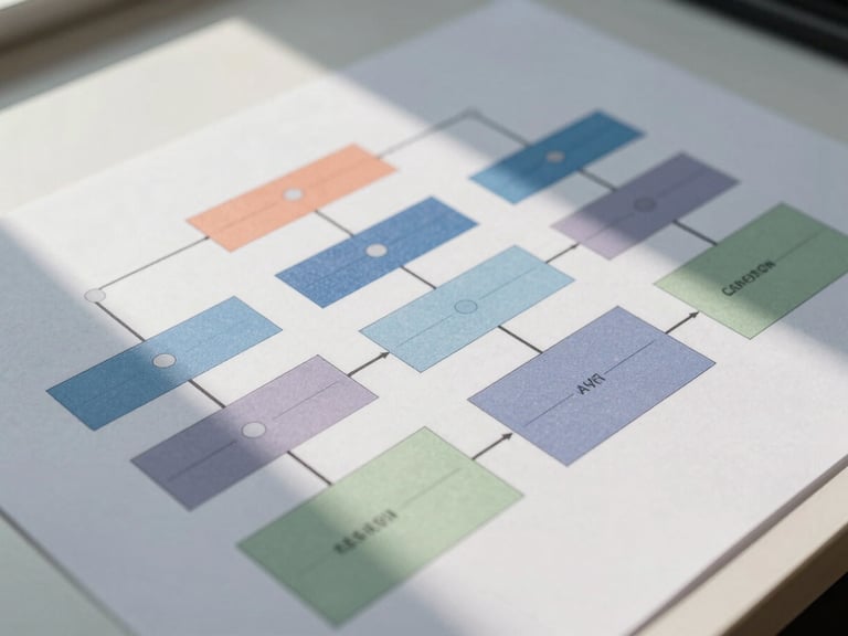 Overhead wide shot of a printed system architecture diagram on a flat surface, showing clearly labeled isolated module boundaries with color-coded zones, cool north-facing daylight, clean white background