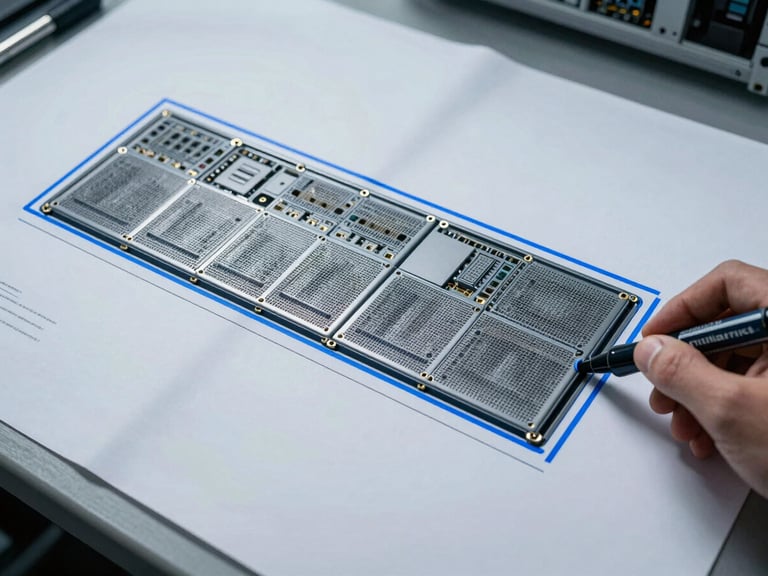 Wide overhead shot of a modular server infrastructure diagram on a matte white surface, one new module boundary being drawn in steel blue marker at the right edge, existing zones clearly delineated, cool north-facing daylight, blueprint aesthetic