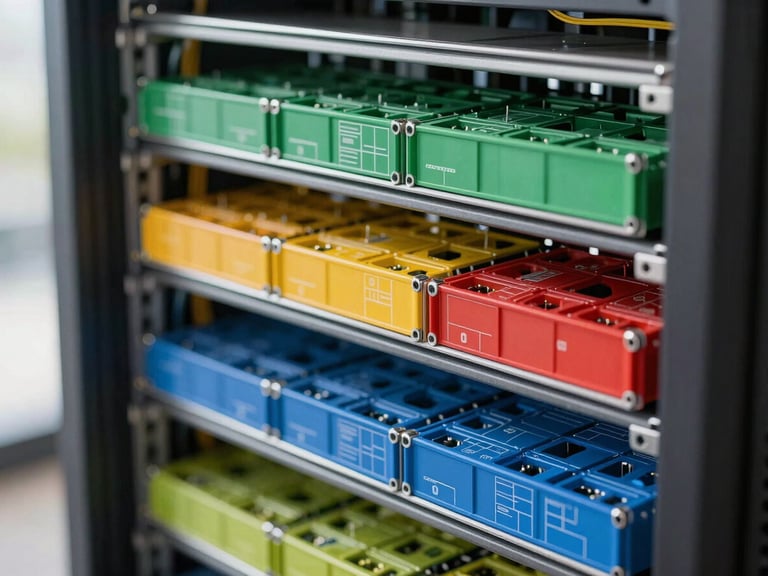 Extreme close-up of modular server infrastructure, segmented cable management trays color-coded by zone, cool north-facing daylight from the left, sharp focus on physical separation boundaries between compartments, blueprint-precision aesthetic