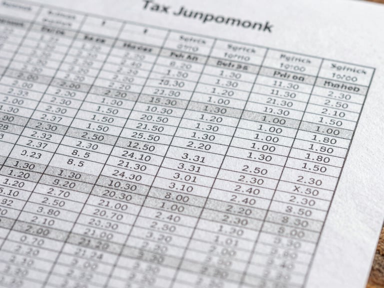 Extreme close-up overhead shot of a multi-column tax compliance output table printed on paper, showing jurisdiction codes and line-item figures, even studio lighting, sharp detail on column headers