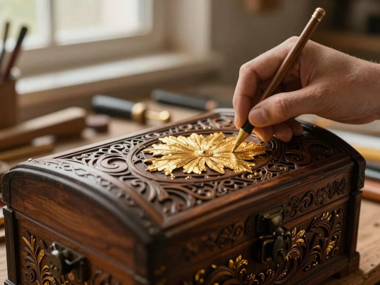 Close-up of a hand applying gold leaf to an intricately carved wooden chest, warm side-lighting, workshop tools in soft focus