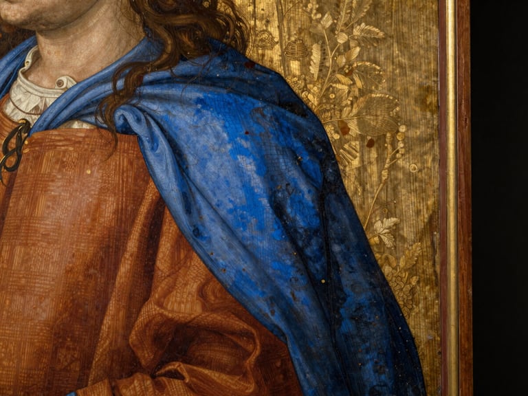 Macro detail of a 15th-century tempera panel painting during selective cleaning, revealing brilliant original blue pigment next to dark aged varnish