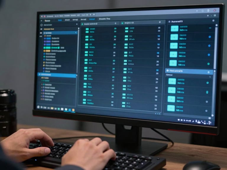 Close-up of a dark dashboard interface on a large monitor, network status indicators glowing in blue and teal, operator hands resting on keyboard in foreground, cool studio lighting, sharp screen detail