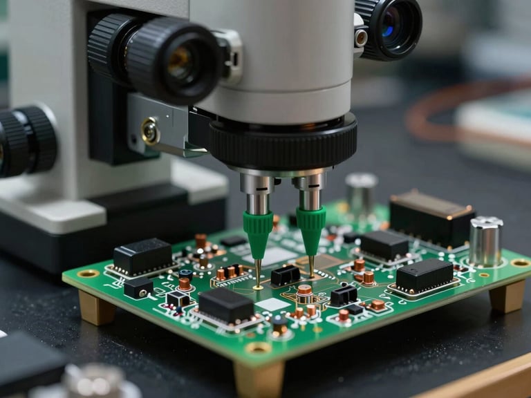 Close-up of high-voltage circuit board under a diagnostic microscope with green testing probes touching copper contacts, dark technical backdrop