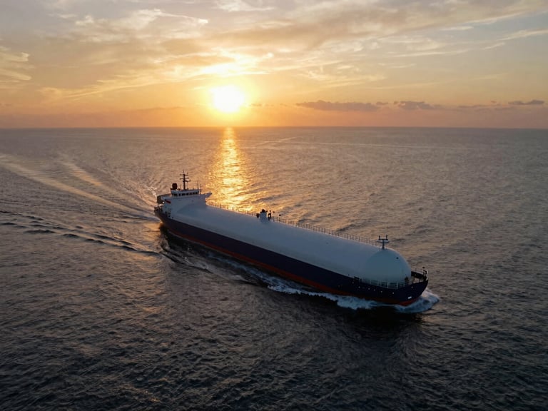 cinematic drone shot of a modern clean product tanker sailing across calm waters during a spectacular golden-hour sunset, warm sunlight reflecting off the sea, deep navy and rich gold tones, wide-angle, 35mm