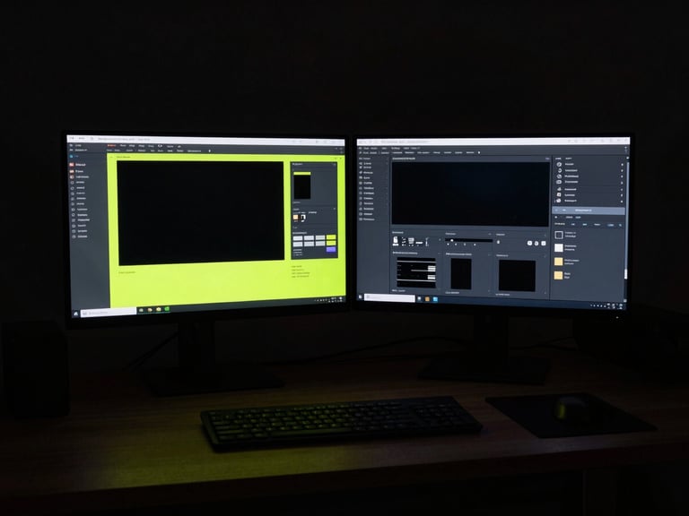High-end, minimalist home office setup with dual monitors showing dark-themed interface mockups, dramatic low-key lighting, deep shadows, 35mm film