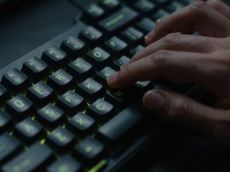 Macro close-up of hands typing on a mechanical keyboard, moody low-key dramatic lighting, subtle electric lime glow from the keys, deep obsidian tones, 35mm film