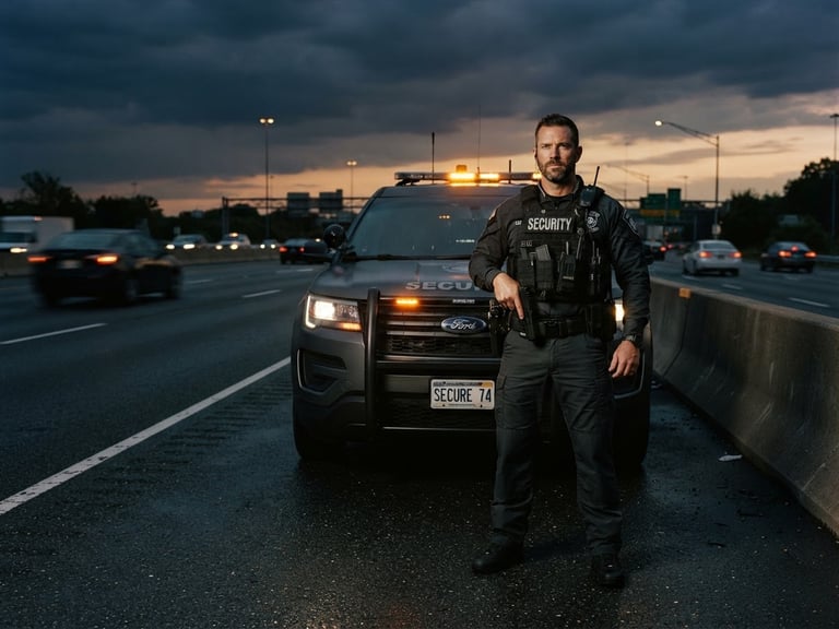 cinematic tactical photography, dramatic highway twilight lighting, professional security agent in uniform standing in front of a modern escort vehicle, deep charcoal and amber tones, sharp focus, 35mm