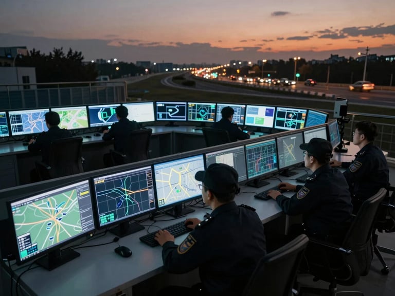 High-angle tactical shot of a modern security command center, professional operators in uniform looking at multi-screen tracking maps, cold technical blue light, sharp focus, cinematic