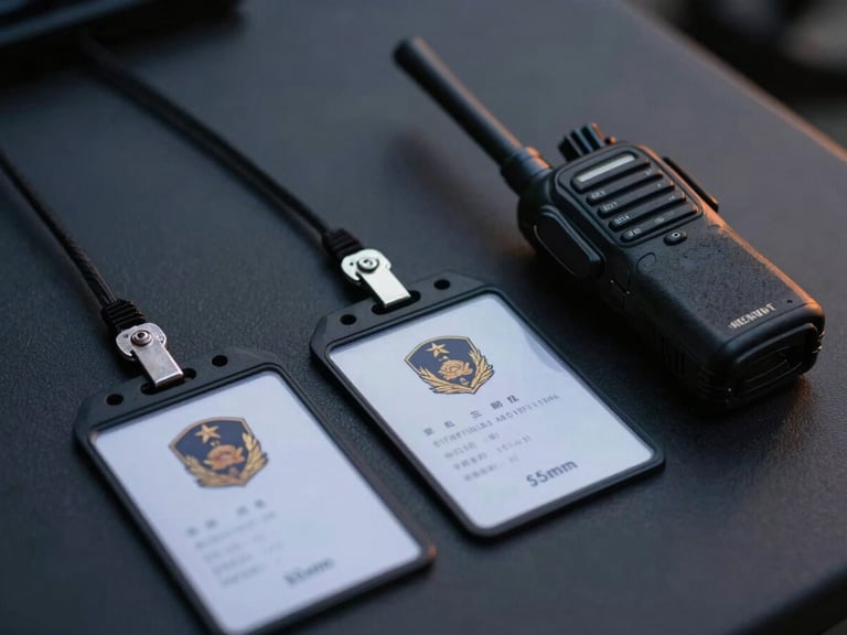 Close-up of official security credentials and communication radio on a clean charcoal surface, technical cold lighting, sharp focus, 35mm