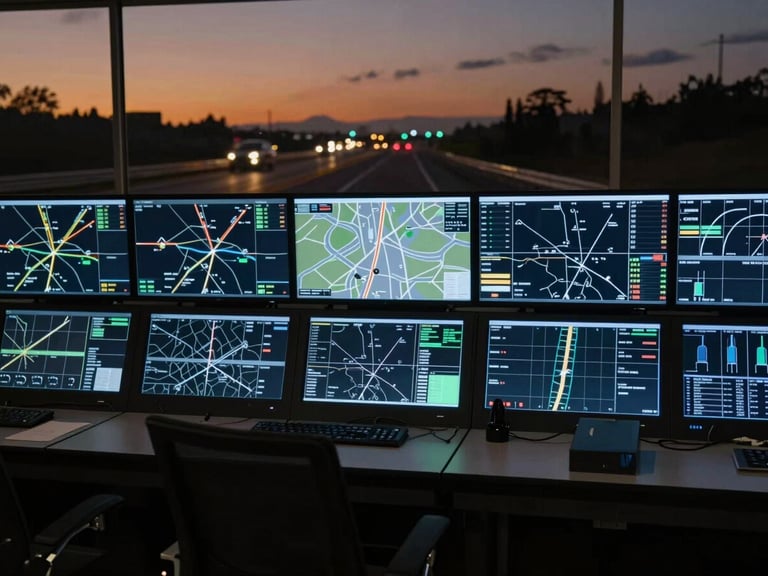 Modern control room with multiple screens showing route maps and telemetry data, cold blue light, 35mm