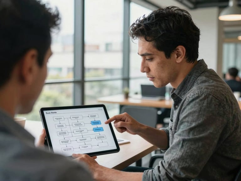 Over-the-shoulder shot of two consultants analyzing a clean, architectural diagram of a data flow on a tablet, bright natural light coming from a large window in a modern Bogotá coworking space.